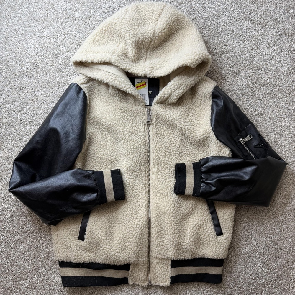 Madden NYC Jacket Womens Large Beige Black Fleece Bomber Hooded Full Zip Star